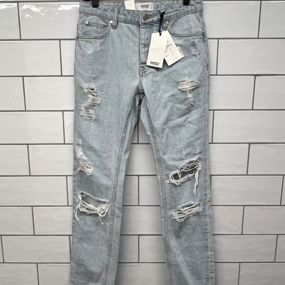 WESC Ripped Jeans Bob Deconstructed‎  28 x 32 Torn Light Wash Holes Button Fly